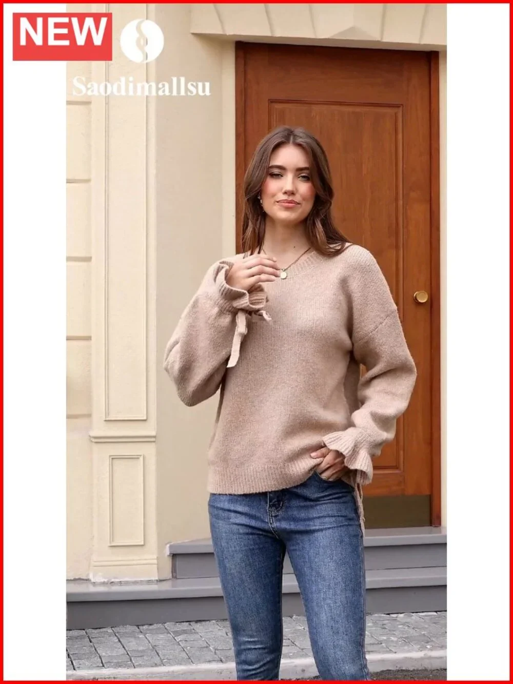 Oversized Chunky Knit Ruffle Sleeve Crew Neck Pullover Sweater
